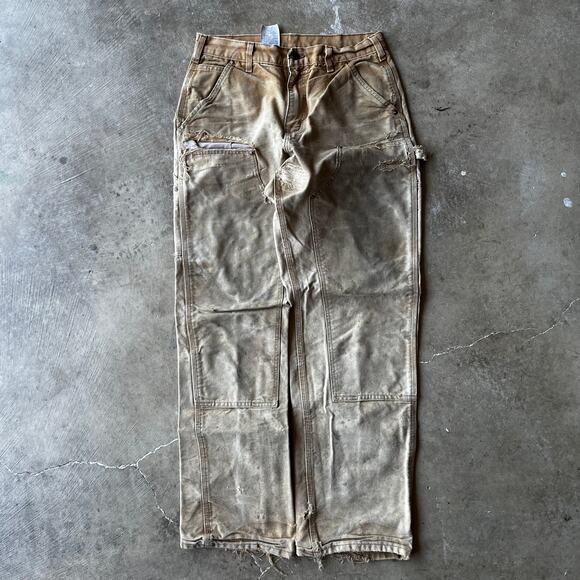 VINTAGE CARHARTT DOUBLE KNEE PANTS TAN B01 BRN USA FITS 30X30 THRASHED FADED - Picture 2 of 7